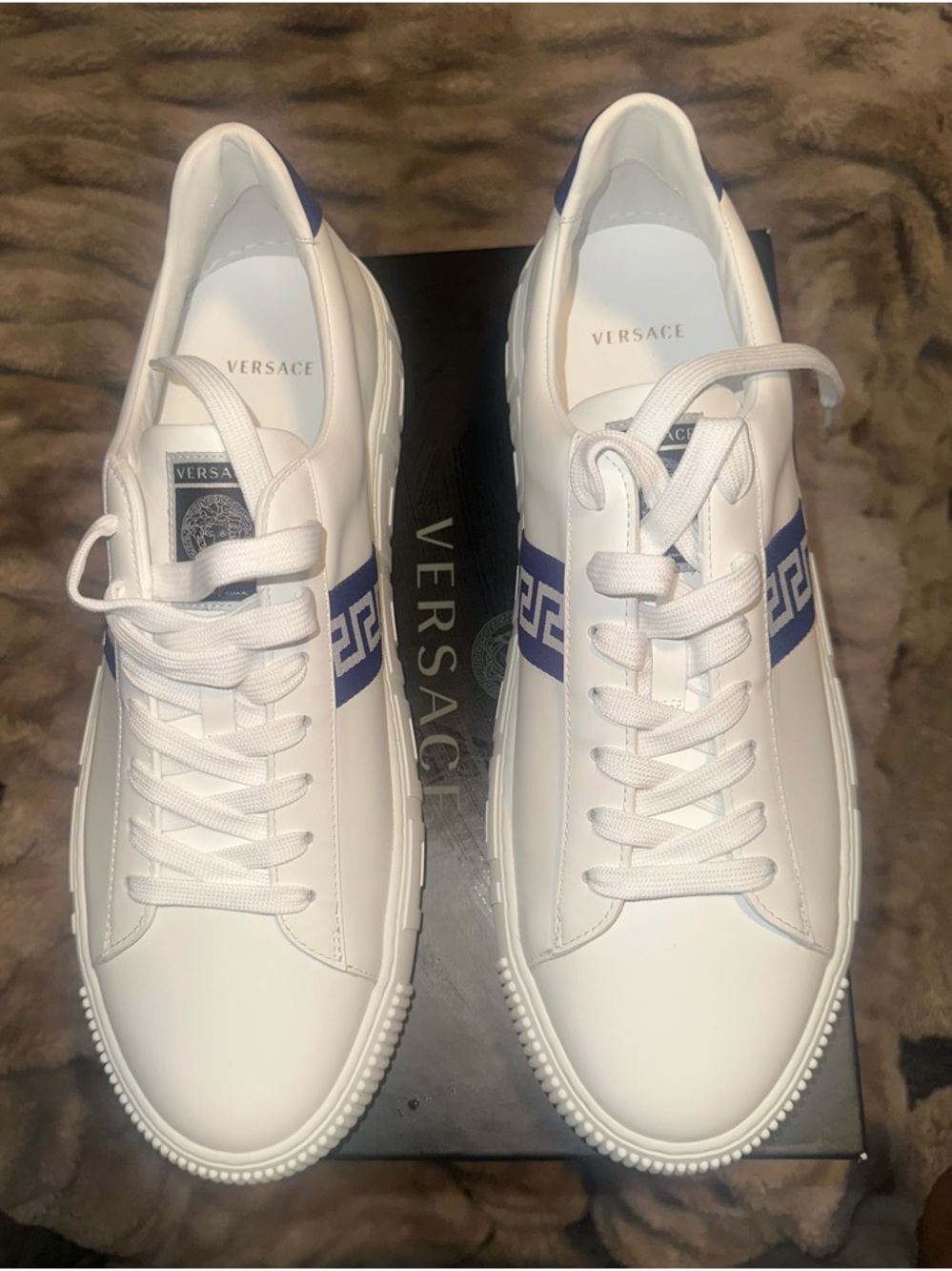 Versace White Leather Sneakers with Blue Greek Key Stripe